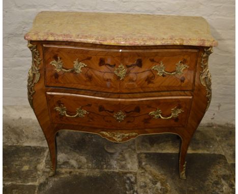 French 18th c. style inlaid bombe kingwood veneered commode of serpentine outline with marble top over 2 drawers with foliage