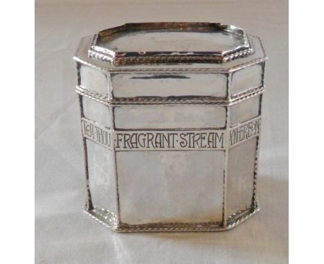 Omar Ramsden &amp; Alwyn Carr silver Arts &amp; Crafts tea caddy London 1909. Inscription around the perimeter reads 'Tea tho