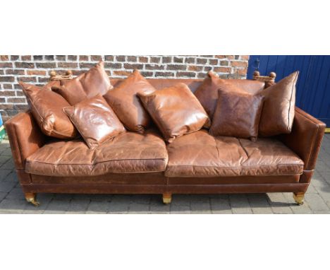 Duresta large leather knoll sofa with scatter back cushions & brass castors width 226cm