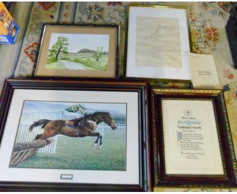 Assorted prints inc Gustav Klimit, calligraphy print & landscape painting by Jackie Swift