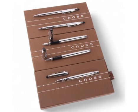 5 Cross Townsend pens, a Chromed ball point pen, a Chromed fountain pen and roller ball pen set, and a Chromed ball point and
