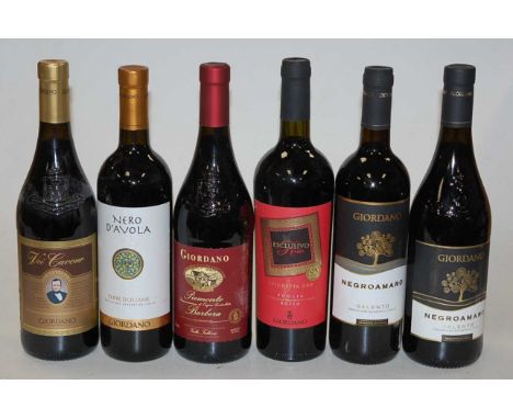 Giordano Vei Cavour Vino Rosso NV, four bottles; Giordano Nera D'Avola, 2015, two bottles; Giordano Piemonte Barbera, 2017, f