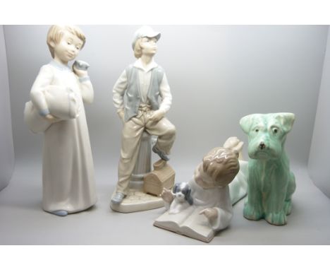 Three Nao figures and a Sylvac terrier style figure 