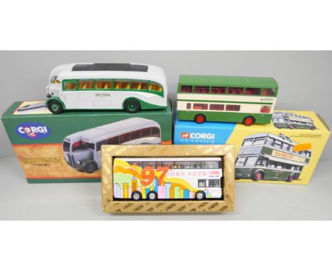 Three Corgi Toys Model Vehicles, Kowloon Motor Bus, Nottingham City Transport bus and Grey Green AEC, Regal, all boxed