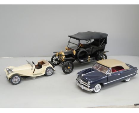 Three Franklin Mint model vehicles; Model T Ford, 1949 Ford Convertible and Jaguar SS-100