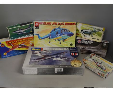 Seven vintage model aircraft kits, including KP Plastikovy JAK-23, Mitsuwa Model Messerschmitt 262A, Airfix SA341 Westland Ga