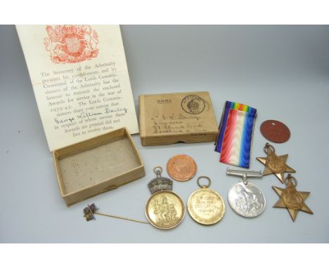 A Masonic Honorable Testimonial Medal with 15ct gold mount, inscribed, a WWI Victory medal to A-Sgt AJ Hodge Kent R and other