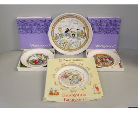 A Royal Doulton Bunnykins boxed christening plate with childs Denby 'Safari' plate and two Wedgwood Children's Story plates, 