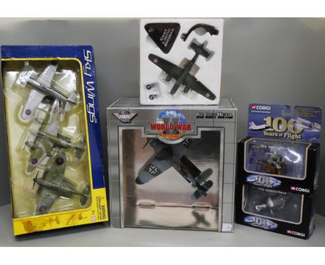 Die-cast model aircraft including Skywings 76328, Air Signature Messerschmitt BF-109, two Corgi Spacecraft, 100 Years of Flig