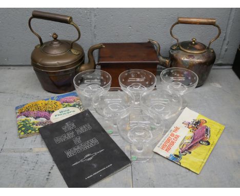 Two copper kettles, a set of Stuart crystal sundae dishes, three cigarette card books and a wooden box **PLEASE NOTE THIS LOT