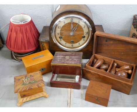 A collection of wooden boxes and a 1930s clock, a lamp and wooden skittle set **PLEASE NOTE THIS LOT IS NOT ELIGIBLE FOR IN-H