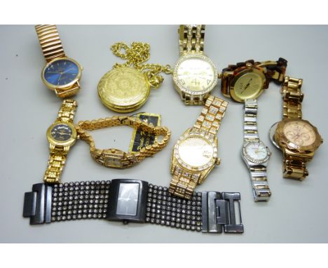 A collection of wristwatches and a pocket watch including DKNY, Accurist, etc.