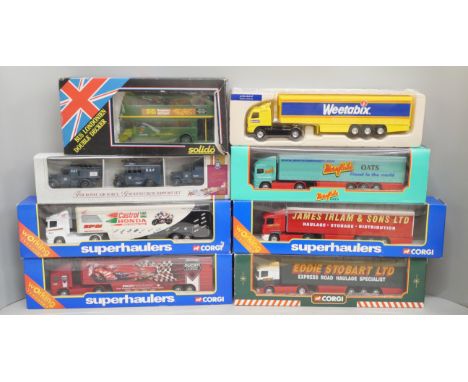 A collection of boxed model vehicles including Eddie Stobart lorry, other Corgi, Solido, a Battle of Britain Royal Air Force 