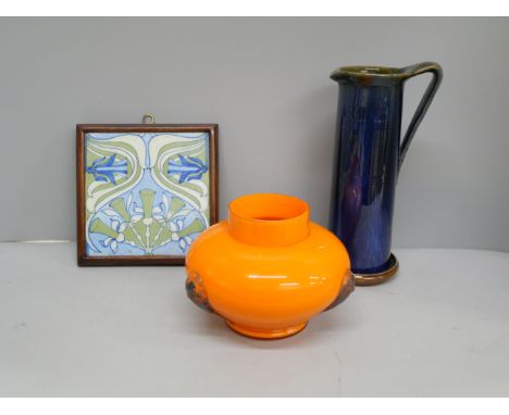 A Bourne Denby Danesbyware electric blue jug, a Secessionist Loetz orange vase by Michael Powolny and a framed tile **PLEASE 