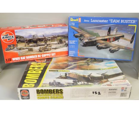 Three model kits, 1:72 scale Airfix Bombers, North American B-25 Mitchell and Shorts Stirling, sealed Revell Avro Lancaster '