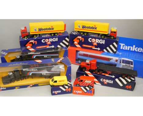 Two Corgi articulated lorries, C1247 Scammel Truck x 2 and an Esso Collection Road Tanker, three other Corgi articulated lorr