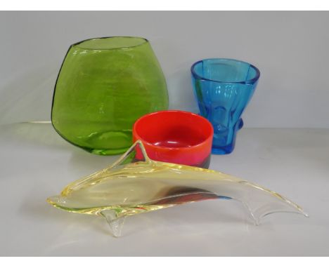 Glassware comprising a Mdina Phoenecian red bowl, yellow glass dolphin, blue vase and green vase, possibly Whitefriars **PLEA