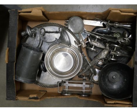 A box of assorted metalwares; silver plate and pewter and a metal model of a knight **PLEASE NOTE THIS LOT IS NOT ELIGIBLE FO