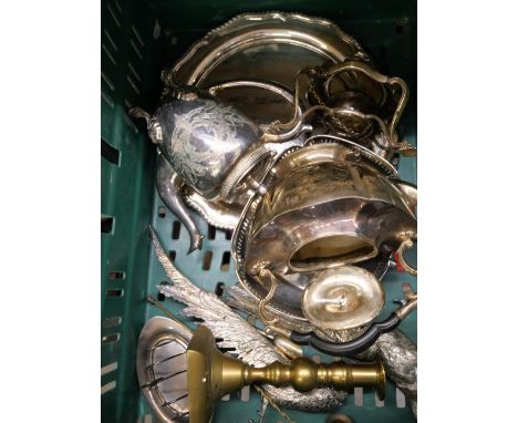 A mixed lot of silver plate, tea service, platters, jugs, pheasant table center pieces, etc., (two boxes) **PLEASE NOTE THIS 