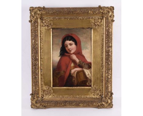 19th Century, Portrait of a Girl with a Red Hood and her Dog, holding a basket on the crook of her arm, initialled JCW and da