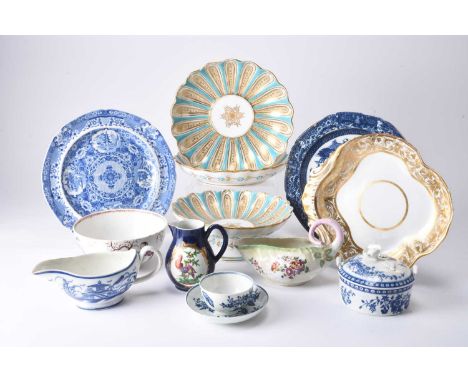 An assorted group of English pottery and porcelain, 18th/19th century, comprising a Worcester 'Three Flowers' circular butter