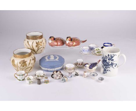 A mixed lot of ceramics to include a pair of Limoges blush ivory vases, three Royal Crown Derby imari bird paperweights, two 