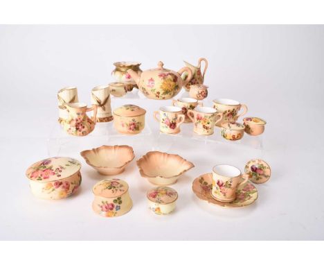 A collection of Royal Worcester blush ivory miniatures, late 19th/early 20th century, painted with flowers, comprising a teap