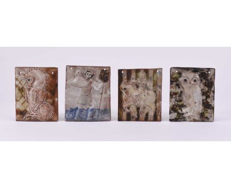 Stanislas Reychan (1897-1994), four studio pottery tile plaques, circa 1980-85, potted in London, including an owl, a unicorn