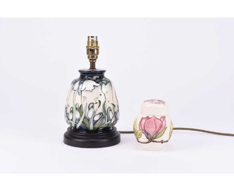 A Moorcroft 'Nivalis Snowdrops' table lamp, with original shade, 17.5cm high excluding fitting, sold together with a small Mo