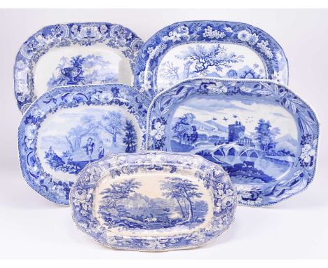 A group of English blue and white earthenware meat plates, 19th century, comprising a 'Fisherman with Net' platter attributed