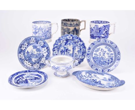 A collection of English blue and white pottery and porcelain, late 18th century onwards, including a Jones &amp; Son 'Elizabe