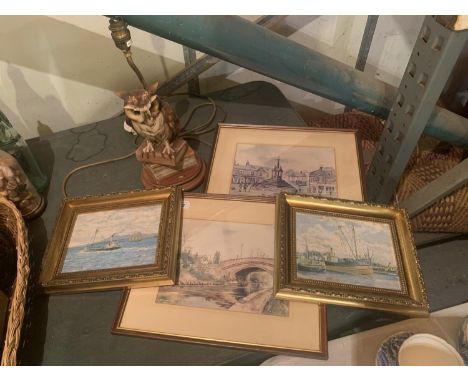 A TABLE LAMP IN THE DESIGN OF AN OWL SITTING ON BOOKS AND FOUR VARIOUS FRAMED PRINTS 