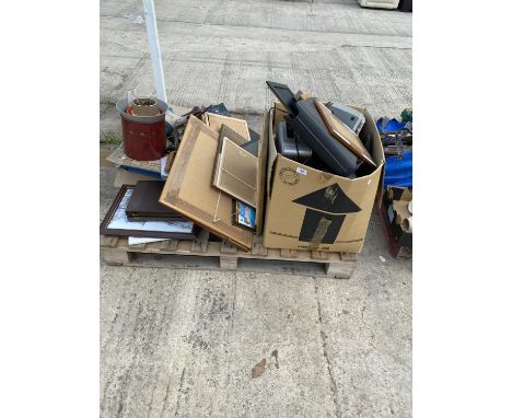 AN ASSORTMENT OF HOUSEHOLD CLEARANCE ITEMS TO INCLUDE TOOLS AND PRINTS AND PICTURES ETC 
