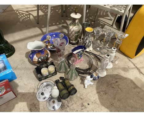 A LARGE ASSORTMENT OF ITEMS TO INCLUDE ORIENTAL STYLE JUG AND WASH BOWL, CERAMIC LAMP AND GLASS CANDLE HOLDERS ETC 