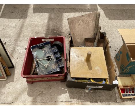 AN ASSORTMENT OF TOOLS TO INCLUDE TROWELS, SHOVELS AND CHISELS ETC 