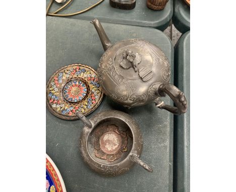 THREE ITEMS TO INCLUDE A DECORATIVE PEWTER TEAPOT AND SUGAR BOWL 