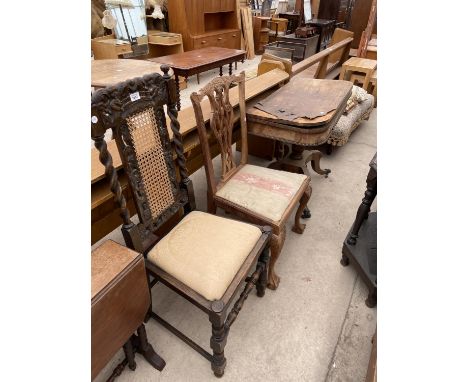 A JACOBEAN STYLE OAK DINING CHAIR, A CHIPPENDALE STYLE CHAIR AND A 19TH CENTURY MAHOGANY FOLD-OVER TEA TABLE A/F 