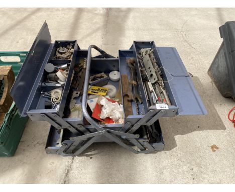 A METAL TOOL BOX WITH THE CONTENTS OF TOOLS TO INCLUDE SPANNERS AND HARDWARE 
