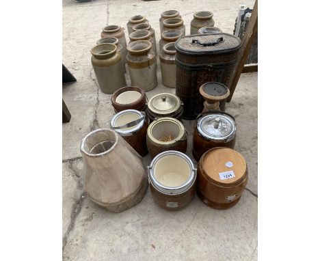 AN ASSORTMENT OF ITEMS TO INCLUDE A NUMBER OF TREEN BARRELS, LAMP SHADES AND A WICKER EFFECT STORAGE CONTAINER 