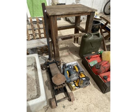AN ASSORTMENT OF TOOLS TO INCLUDE DEWALT BATTERY DRILL, A BOSCH DRILL AND A TROLLEY JACK ETC 