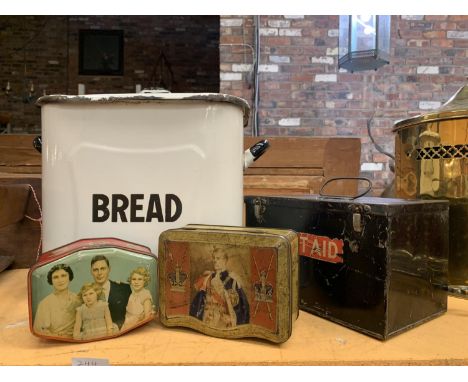 A VINTAGE FIRST AID TIN, ENAMEL BREAD BIN, AND TWO FURTHER TINS 