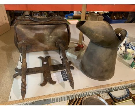 AN OIL CAN, A BRASS LIGHT FITTING AND A LEATHER CARRY CASE 