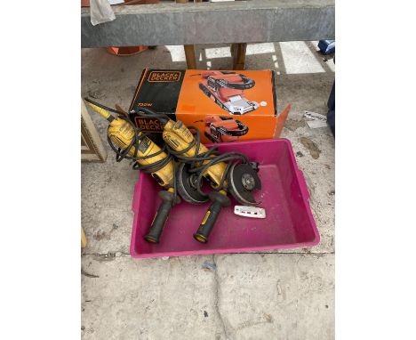 A BLACK AND DECKER ELECTRIC SANDER AND TWO DEWALT ANGLE GRINDERS (SPARES OR REPAIRS) 