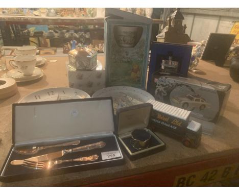 VARIOUS ITEMS TO INCLUDE BOXED FLATWARE, 007 COLLECTORS CAR, HIP FLASK, CHRISTENING WARE ETC 