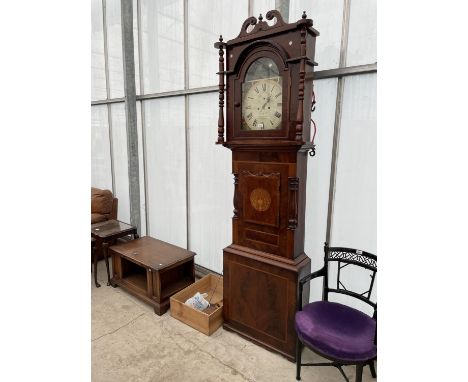 A 19TH CENTURY AND LATER EIGHT DAY MAHOGANY AND INLAID LONGCASE CLOCK WITH ENAMEL DIAL (GROUNDS, WIGAN) 