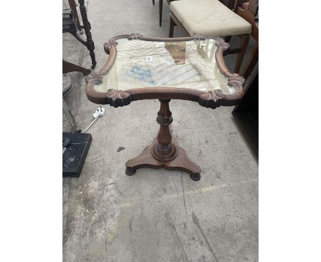 A VICTORIAN WALNUT TAPESTRY POLE SCREEN, 18X17" (CONVERTED TO OCCASIONAL TABLE) 