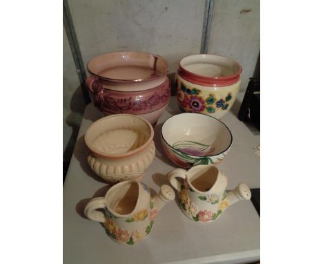 A SELECTION OF LARGE POTS AND TWO CERAMIC FLORAL WATERING CANS 