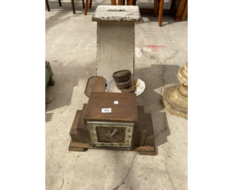 AN ASSORTMENT OF TOOLS TO INCLUDE SCALES, A MANTLE CLOCK AND A STOOL 