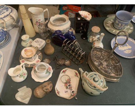 A NUMBER OF GLASS AND CERAMIC ITEMS AND SILVER PLATED EGG CUP HOLDER 