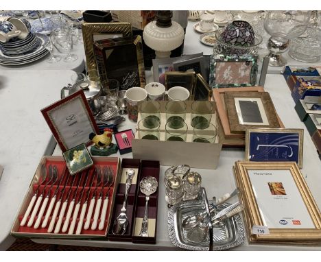 A COLLECTION OF ITEMS TO INCLUDE FLATWARE, PHOTOGRAPH FRAMES, GLASSES, LAMP, SILVER PLATE ETC 
